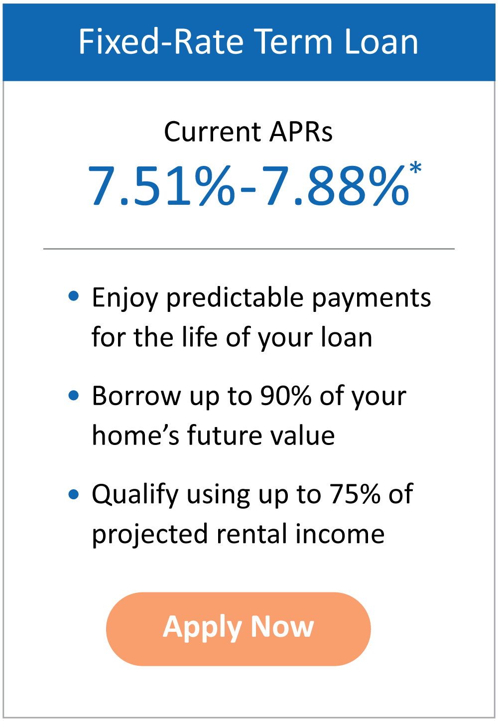 | Fixed-Rate Term Loan - Current APRs: 7.51%–7.88%*. Enjoy predictable payments for the life of your loan. Borrow up to 90% of your home’s future value. Qualify using up to 75% of projected rental income. Apply Now.